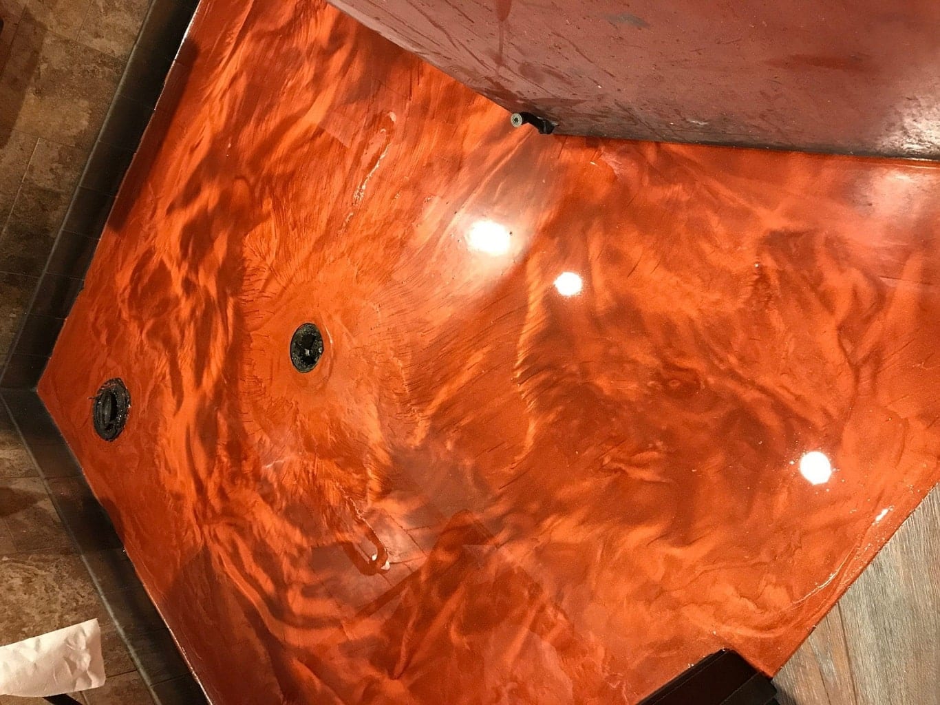 Copper metallic epoxy lava flow — overhead view