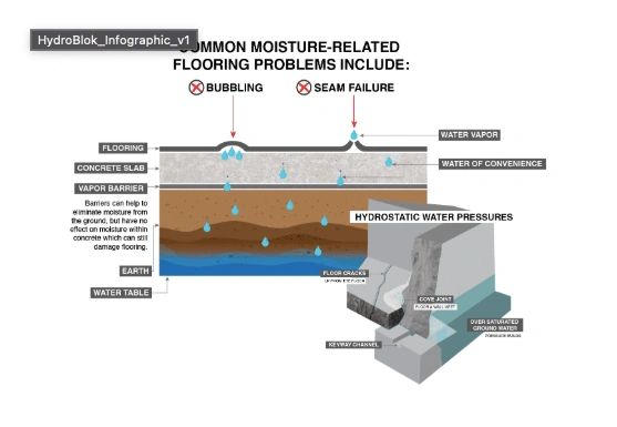 Diagram showing moisture-related flooring issues like bubbling and seam failure due to water vapor and hydrostatic pressure